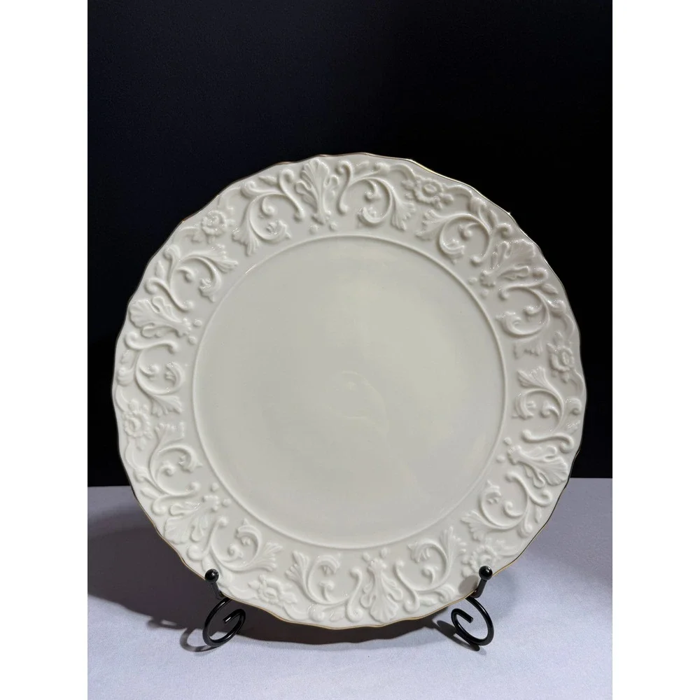 Lenox Georgian Cake Plate Cream Embossed Floral Gold Trim Scalloped 11.5